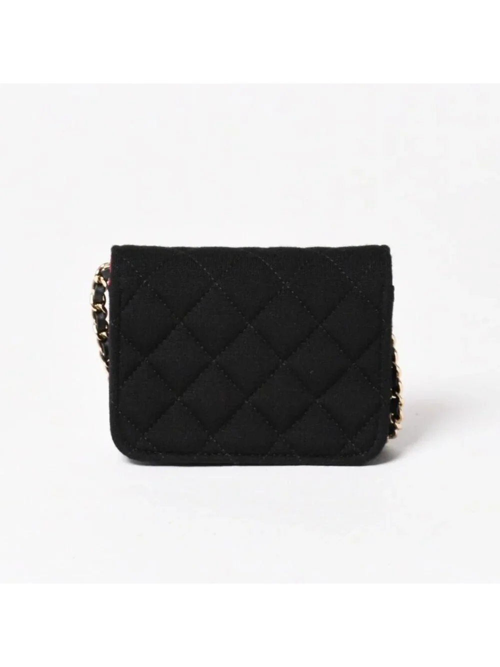 Chanel Mini Quilted Chain Shoulder Bag CC Logo Stand Black Gold Cotton